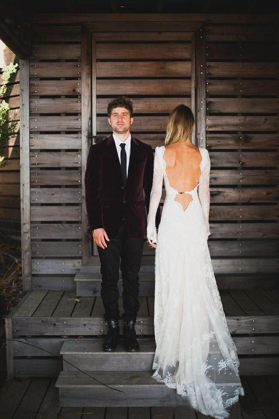 Country Style Sexy Deep V Neck Backless Long Sleeves Lace Court Train Wedding Gown-715399 Country Style Sexy Deep V Neck Backless Long Sleeves Lace Court Train Wedding Gown-715399