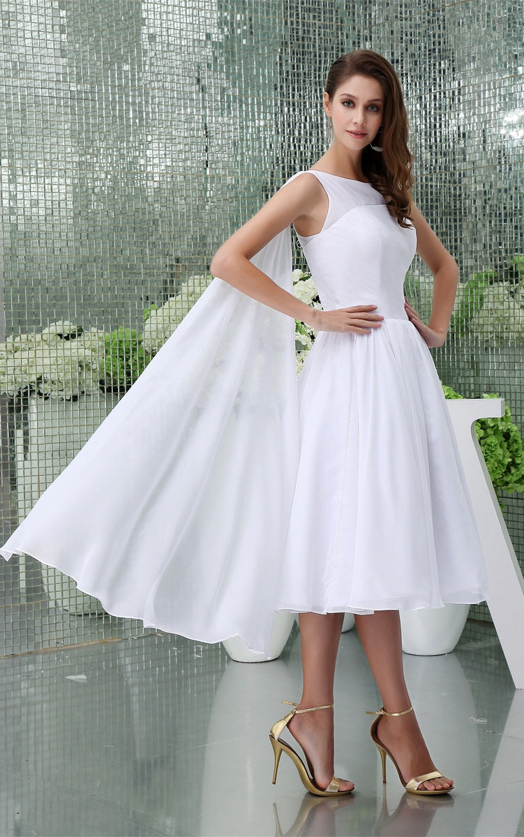 Lace 3/4 Sleeves Chiffon Tea-Length Dress Peach main image 1