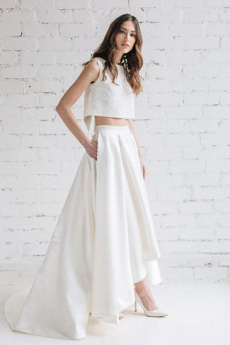 A-Line/Elegant Bateau Short Sleeves Satin Floor-Length Lace Two Piece Prom Dresses