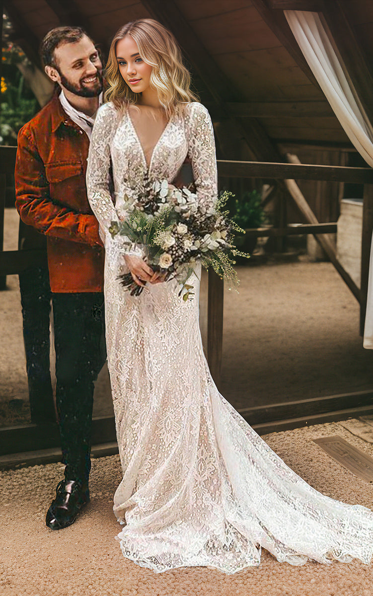 boho dress with train T242013_Gorgeous Boho Tulle A-line with Side Bodice Peek-a-Boo Effect and  Airy Semi-Cathedral Train