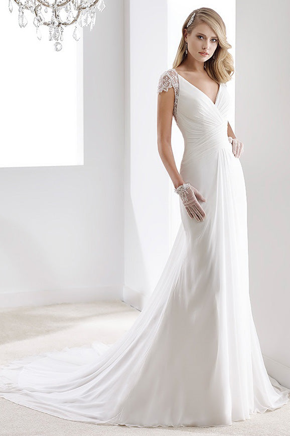 V-Neck Sheath Chiffon Wedding Dress With Bandage Waist And Illusive Sl   DorrisDress