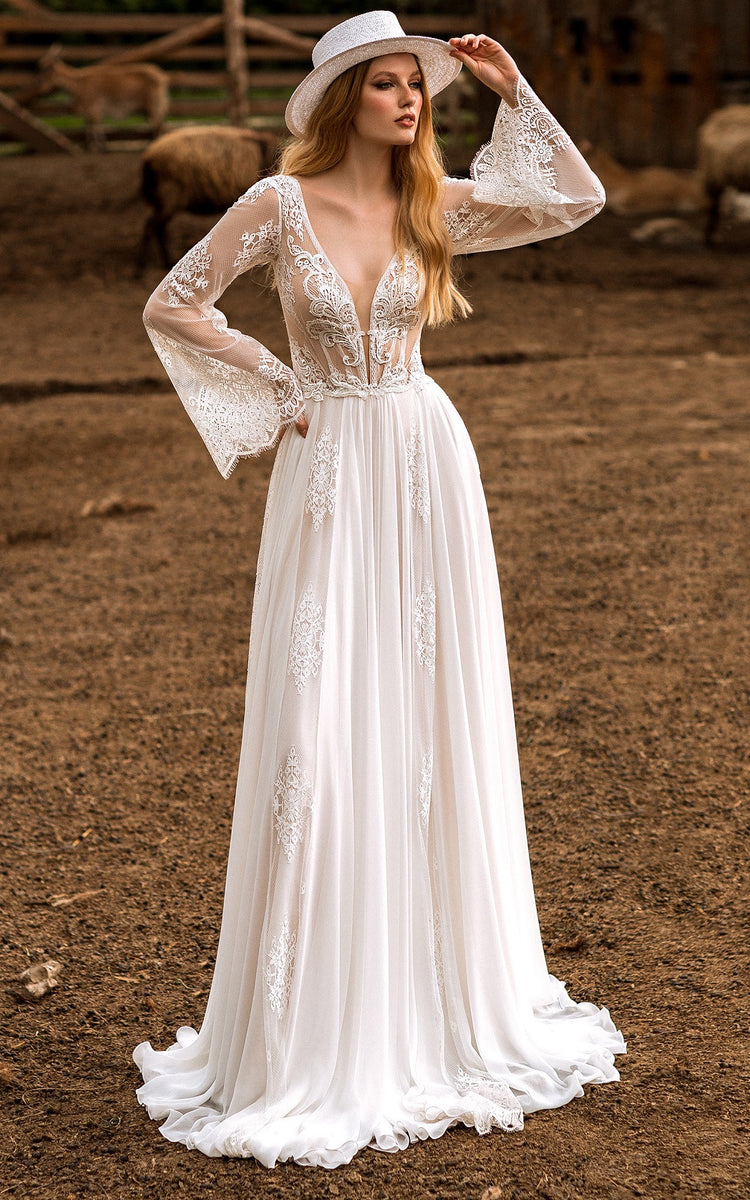 boho wedding dress under $100 sleeves fast shipping Casual Floor-length Long Sleeve Tulle A Line Open Back w – DorrisDress Primavera Couture 3912 Size BF Exclusion 2025 Color:Purple Star The fitted corset subtly