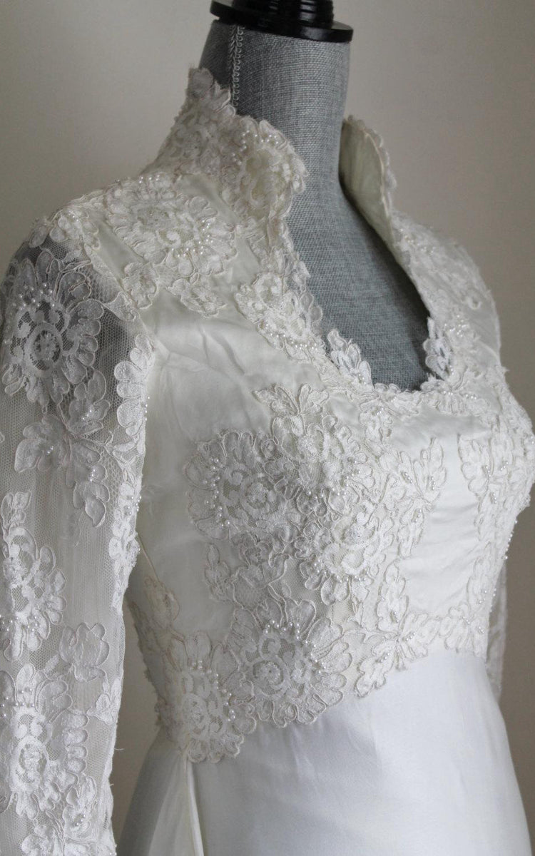Queen Anne Neck Long Sleeve A-Line Satin Wedding Dress With Lace Hem-E –  DorrisDress