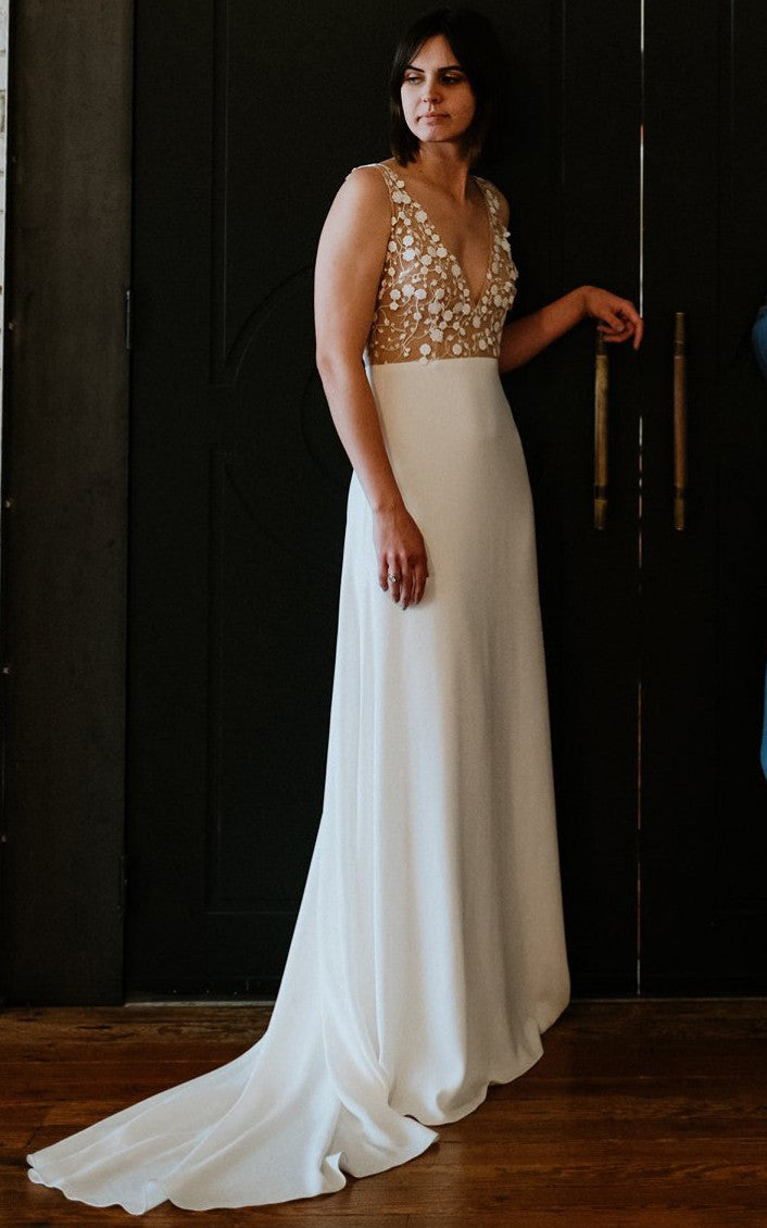 Simple Modern A-Line V-Neck Satin Wedding Dress Bridal Gown OW451 main image 1