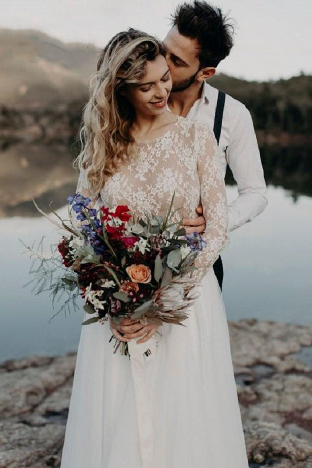Elegant Keyhole Lace Long Sleeve Tulle Bridal Gown With Ruching-715721 DorrisDress Elegant Keyhole Lace Long Sleeve Tulle Bridal Gown With Ruching-715721 DorrisDress