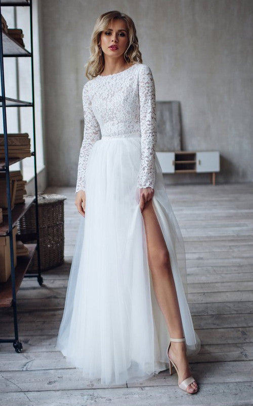 Lace Tulle Floor-length Sweep Train Two Piece Long Sleeve Simple Weddi DorrisDress Lace Tulle Floor-length Sweep Train Two Piece Long Sleeve Simple Weddi DorrisDress