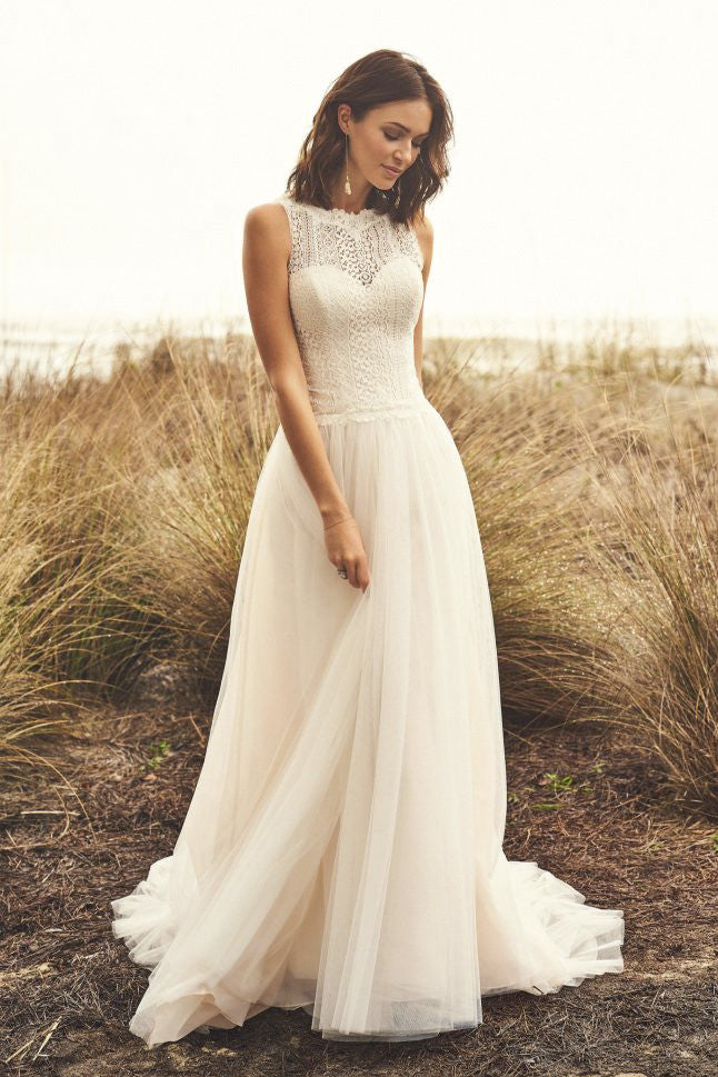 jewel lace and tulle illusion neck wedding dress June Bridals Illusion Back Tulle Jewel Neck Short Illusion Sleeves A-line Lace Women's Wedding Dress With Pleats