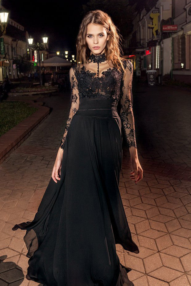 A-Line High Neck Long Sleeve Lace Chiffon Illusion Dress With Applique DorrisDress A-Line High Neck Long Sleeve Lace Chiffon Illusion Dress With Applique DorrisDress