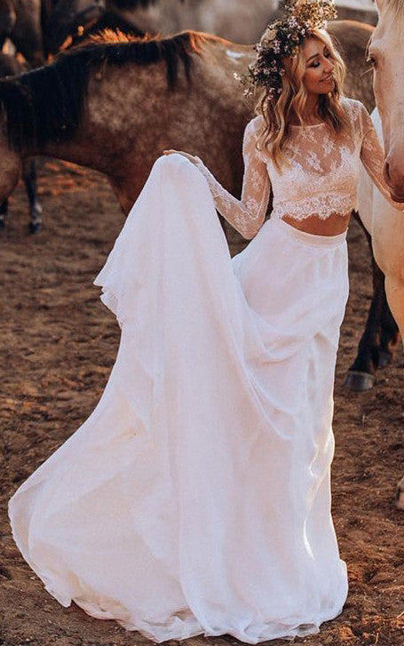 modern two piece wedding dress Modern Two Piece Bateau Chiffon Lace Floor-length Sweep Train Long Sle –  DorrisDress
