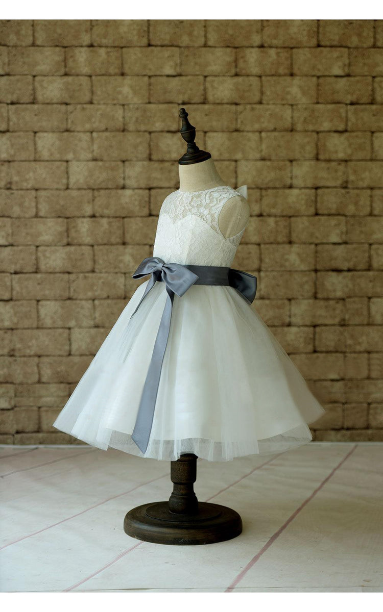 Ivory Lace Tulle Short Sleeves Flower Girl Dress, Bow