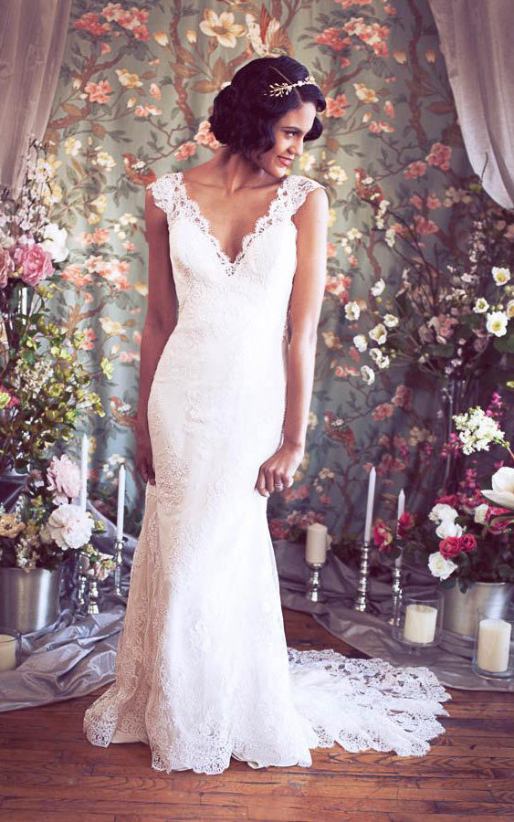 Cap Sleeves Mermaid Lace Wedding Gown With V-Neckline-ET_710975   DorrisDress