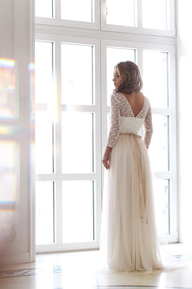 Scoop Neck Long Sleeve Tulle Wedding Dress With Lace Bodice-ET_711532 –  DorrisDress