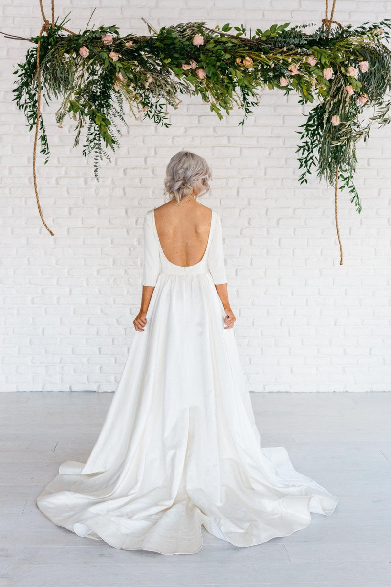 Modern Long Sleeve A-Line Backless Satin Wedding Dress