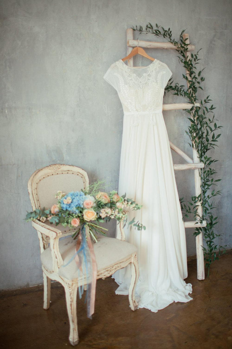 Jewel Neck Cap Sleeve A-Line Chiffon Wedding Dress With Beaded Bodice- DorrisDress Jewel Neck Cap Sleeve A-Line Chiffon Wedding Dress With Beaded Bodice- DorrisDress