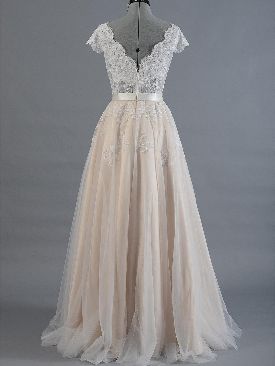 Cap Sleeve V-neck Long A-line Lace Tulle Wedding Dresses, Open Back Wedding Dresses, WD0260