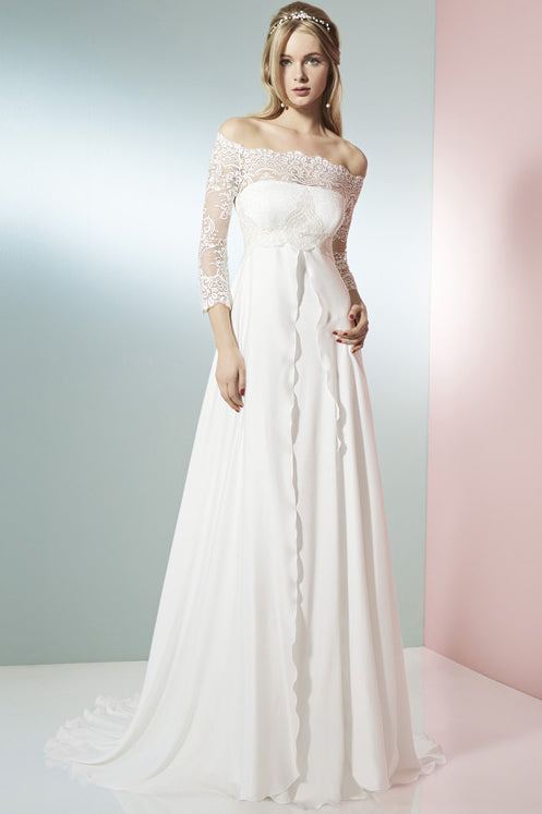 empire line chiffon wedding dress A-Line 3-4 Sleeve Off-The-Shoulder Lace Dress-M – DorrisDress Calf/Height:XA Floor-length Wedding Dresses flatter look of 30D Food Club Buttermilk Ranch