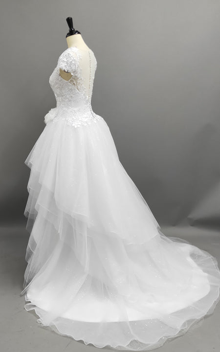 Illusion Jewel-Neck High-Low Bridal Gown With Ruffles And T-Shirt Slee DorrisDress Illusion Jewel-Neck High-Low Bridal Gown With Ruffles And T-Shirt Slee DorrisDress