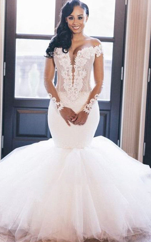 Mermaid Off-the-shoulder Plunging Neckline Lace Tulle Beach Wedding Dr –  DorrisDress
