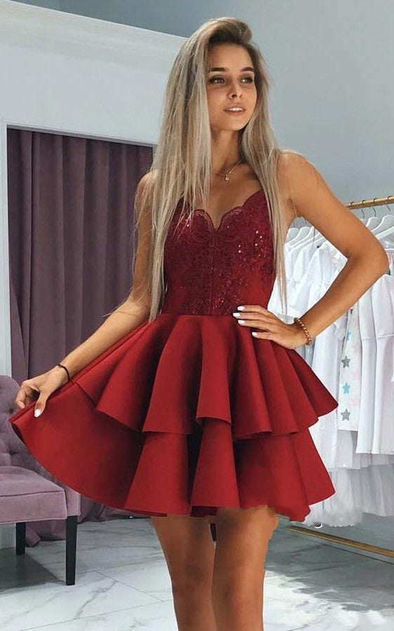 Satin A Line Backless Zipper Sleeveless with Lace and Tiers Homecoming –  DorrisDress