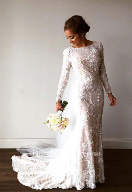 Vintage Long Sleeve 3D-floral Appliques Crystal Mermaid Wedding Dress