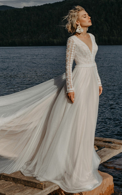 Casual A-Line Tulle Wedding Dress With Illusion Long Sleeves And Open Back-716437 Casual A-Line Tulle Wedding Dress With Illusion Long Sleeves And Open Back-716437