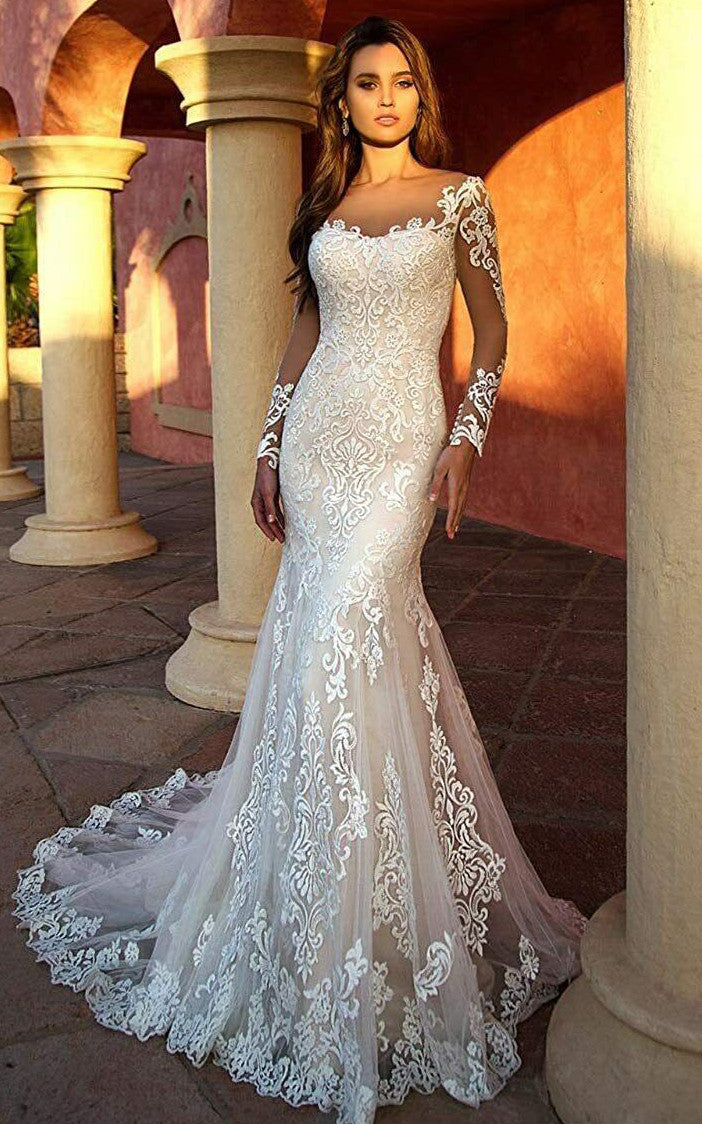 Sexy Mermaid Lace Tulle Long Sleeve Wedding Dress Country Garden Elegant Romantic Bateau Neck Sweep Train-716816 Sexy Mermaid Lace Tulle Long Sleeve Wedding Dress Country Garden Elegant Romantic Bateau Neck Sweep Train-716816