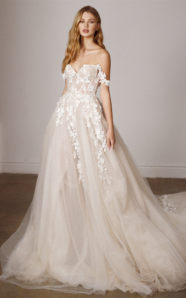 Vintage A-Line Off-the-Shoulder Wedding Dress With Appliques Lace Tulle