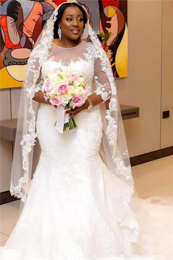 Plus Size Sheer 3-4 Long Sleeves Lace Mermaid Wedding Dress-715408 –  DorrisDress