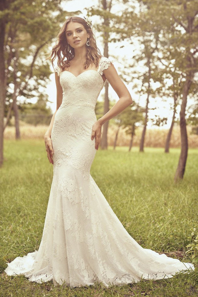 Cap Sleeve And Buttons Sweetheart Mermaid Lace Wedding Dress With Open –  DorrisDress