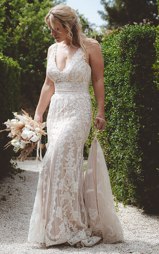 princess polly baby blue dress V-neck Mermaid Lace Bohemian Beach Wedding Dress With Open Back And Ap –  DorrisDress