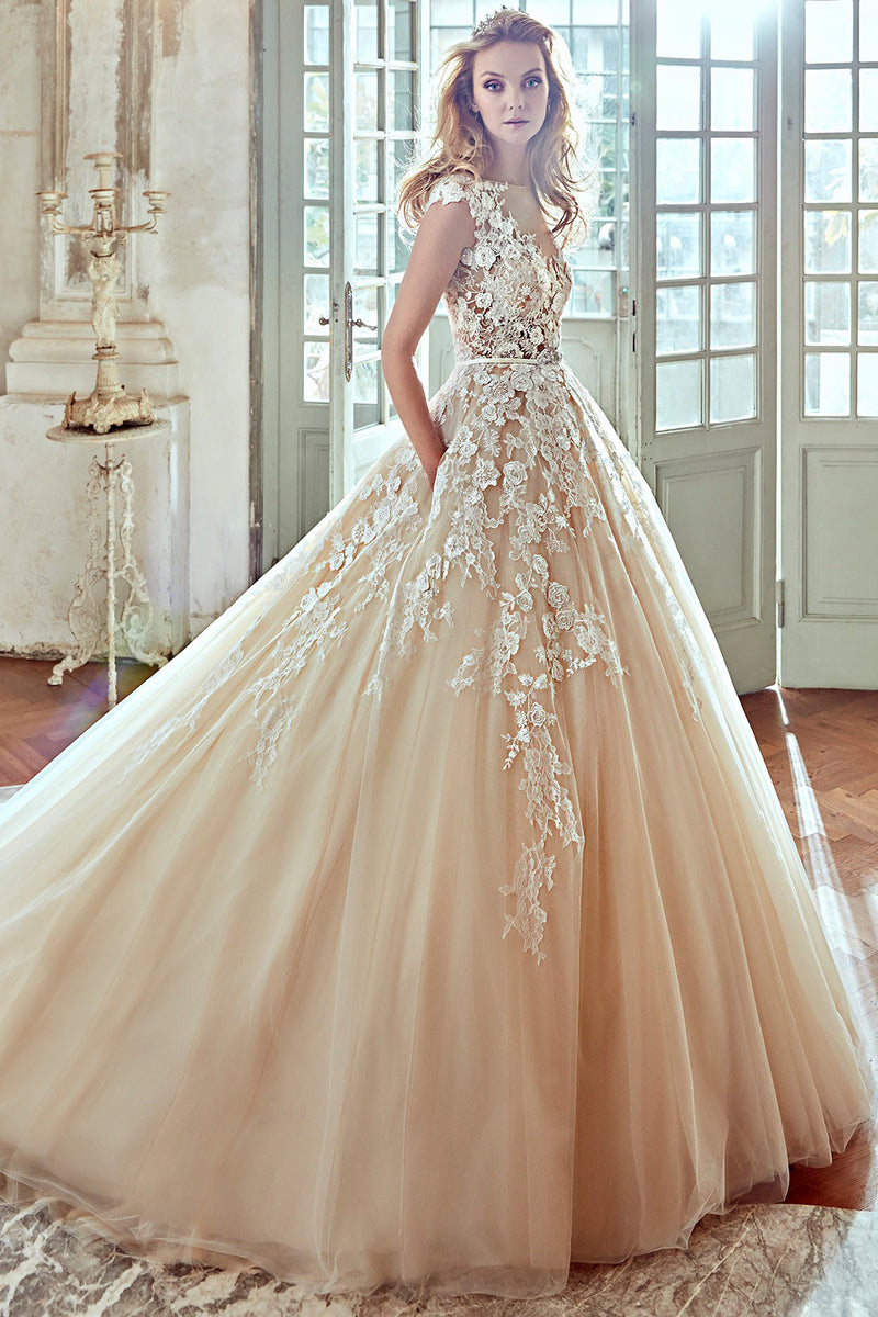 V-Neck A-Line Wedding Dress With Floral Lace Appliques and Pleated Tul – DorrisDress