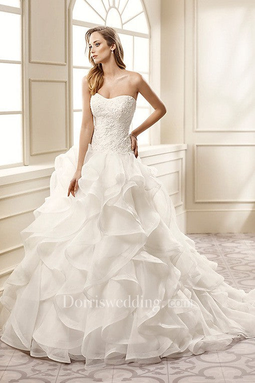 chinese dress ladies A-Line Appliqued Strapless Long Organza Wedding Dress With Cascading R –  DorrisDress