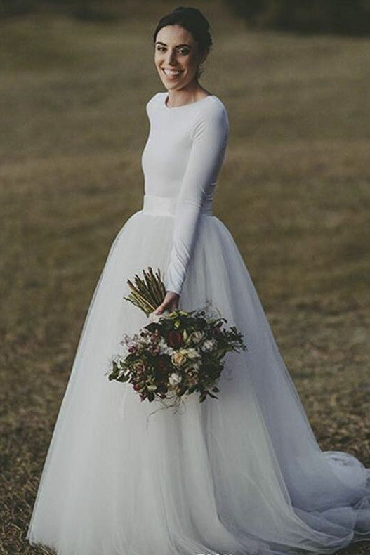 Elegant Long Sleeve Fitted Modest Jersey And Tulle Wedding Dress-71573   DorrisDress