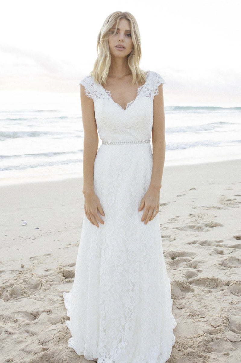 knee length dresses for ladies Summer Wedding Dress Chiffon Sweep Train Leg Slit Lace Cap Sleeves