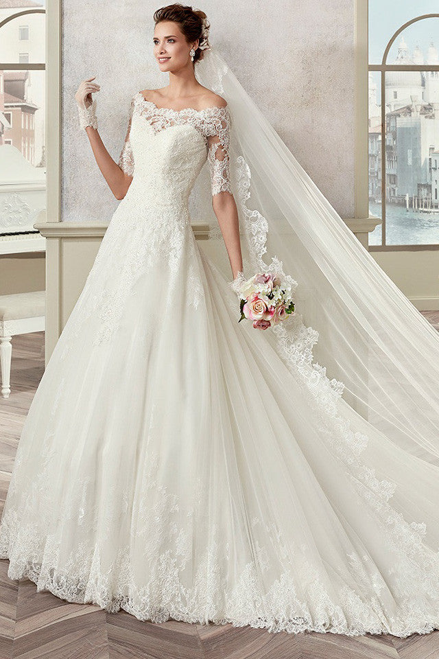 Off-Shoulder A-Line Bridal Gown With Half Sleeves And Scalloped Neckline-MK_704727 Off-Shoulder A-Line Bridal Gown With Half Sleeves And Scalloped Neckline-MK_704727