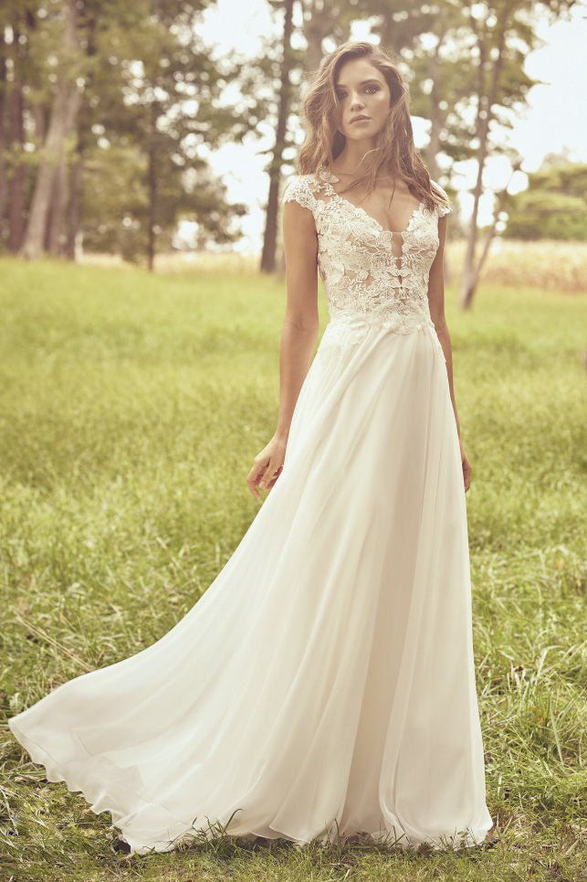 Appliqued Cap Sleeve Illusion Plunging Neckline And Illusion Back Lace   DorrisDress
