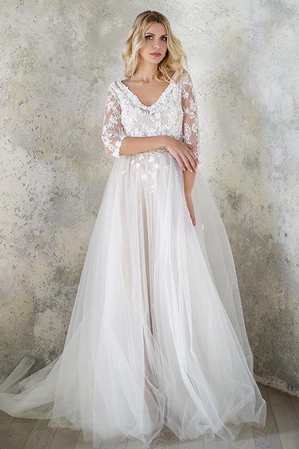 V-Neck 3-4 Length Sleeve Tulle Sequins Satin Beaded Lace Wedding Dress –  DorrisDress