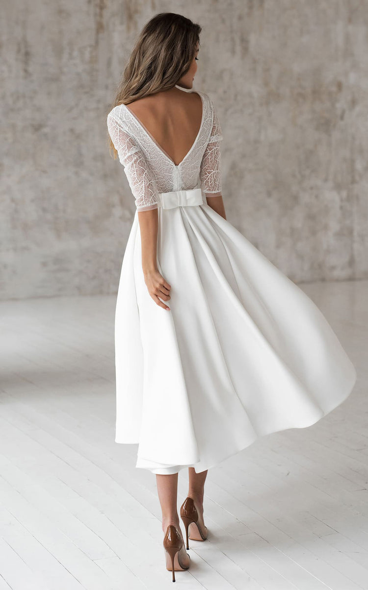 Romantic Satin V-neck A Line Tea-length Wedding Dress with Ruching and DorrisDress Romantic Satin V-neck A Line Tea-length Wedding Dress with Ruching and DorrisDress