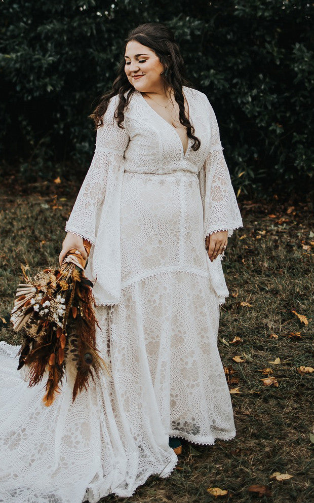 Casual A-Line Plunging Neckline Lace Wedding Dress With Long Sleeve-716620 Casual A-Line Plunging Neckline Lace Wedding Dress With Long Sleeve-716620