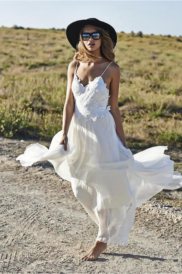 Simple Spaghetti Straps Chiffon Wedding Dresses Appliques Beach Bridal   DorrisDress