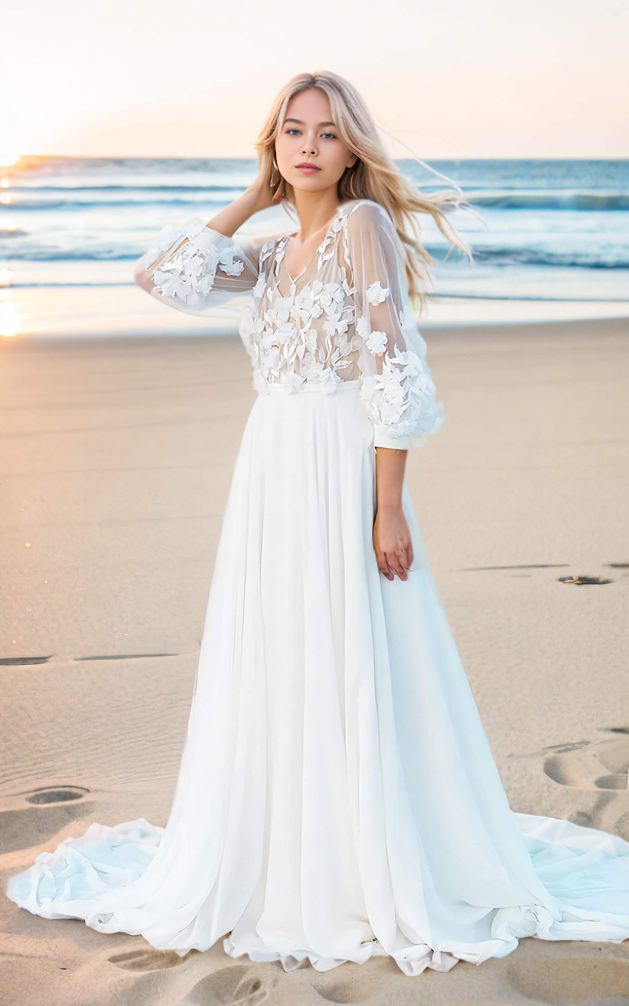 Ethereal Floral Beach A-Line Bohemian 3D Lace Flower Wedding Dress with Sleeves Modest Elegant Court Train Bridal Gown Ethereal Floral Beach A-Line Bohemian 3D Lace Flower Wedding Dress with Sleeves Modest Elegant Court Train Bridal Gown