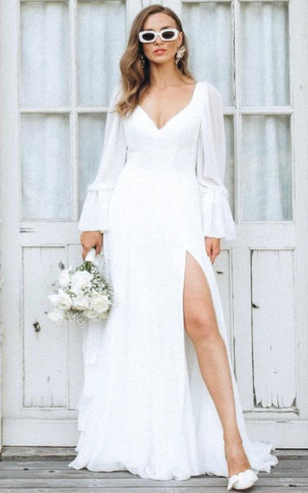 Modest Solid White A-Line Split Front Wedding Dress Elegant Simple Cas –  DorrisDress