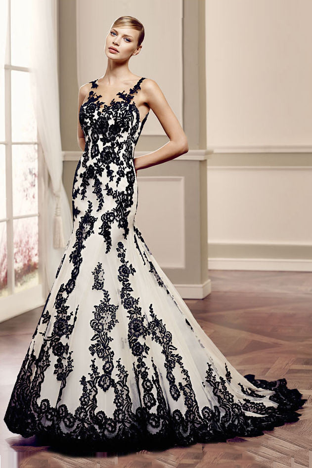 Gothic Mermaid Black and White Lace Wedding Dresses Whimsical Spaghett – DorrisDress