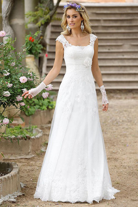 Vintage Western Queen Anne Neckline Boho A-Line Maxi Lace Sleeved Wedd – DorrisDress