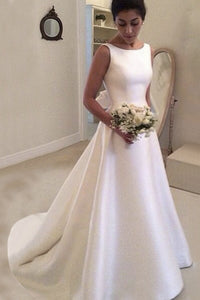 Simple Modest Satin A-Line Bateau Neck Wedding Dress Elegant Romantic Sleeveless Backless Bridal Gown with Court Train