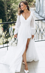 Modest Solid White A-Line Split Front Wedding Dress Elegant Simple Cas DorrisDress Modest Solid White A-Line Split Front Wedding Dress Elegant Simple Cas DorrisDress