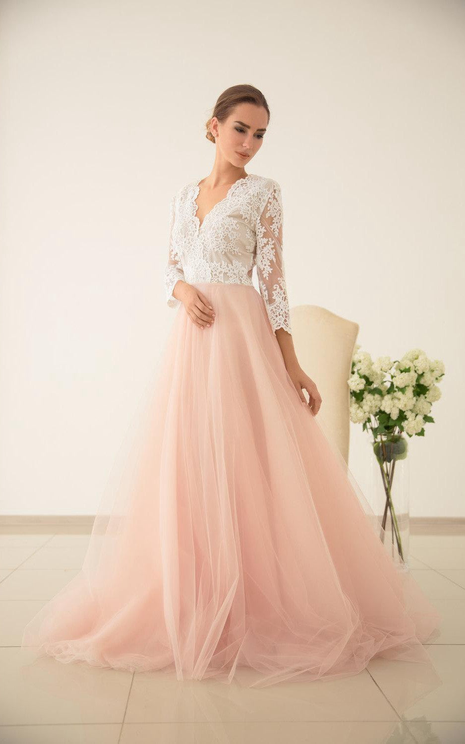 floral pink wedding dress SUMMER Tulle Gown Catherine Langlois You can choose from 6 colors Pink Flower White Tulle Long
