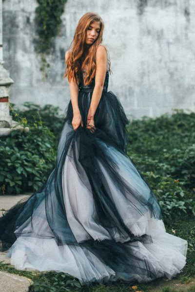Gothic Black and Grey A-Line Ball Gown Wedding Dress Whimsical Boho Fl – DorrisDress