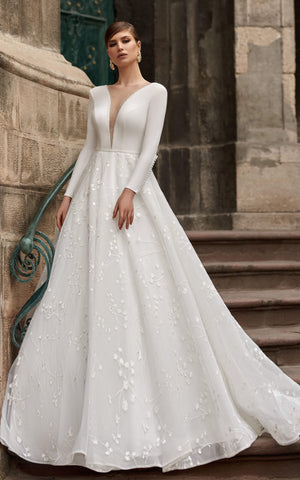 Elegant Princess Boho Satin A-Line Plunging Neck Wedding Dress with Sleeves Western Sexy Low V Back Beaded Pearl Appliqued Ball Gown