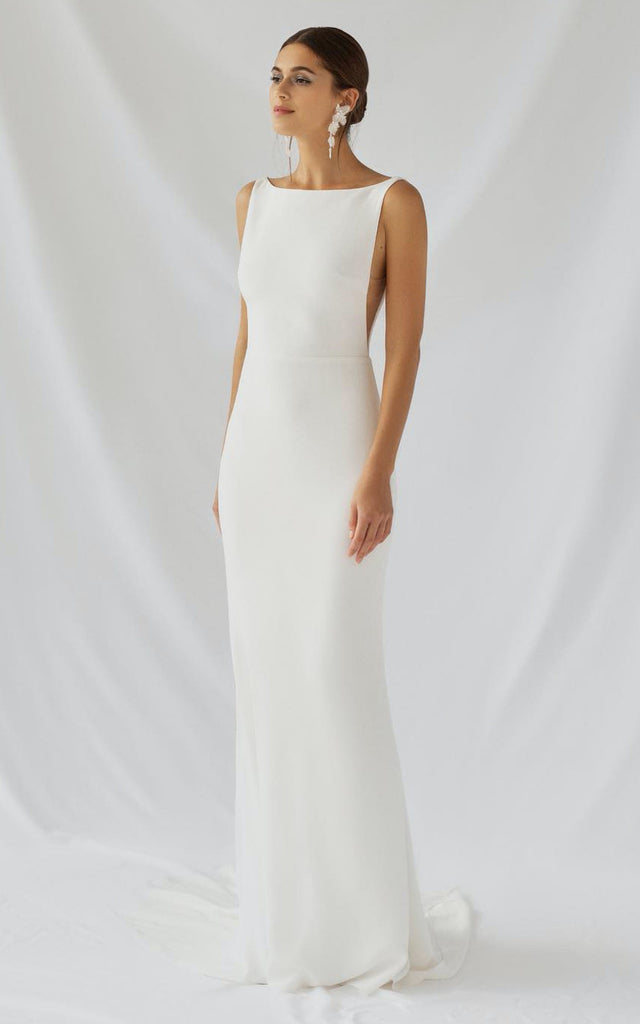 Modest Simple Satin Sheath Bateau Wedding Dress Urban Modern Sweep Tra DorrisDress Modest Simple Satin Sheath Bateau Wedding Dress Urban Modern Sweep Tra DorrisDress